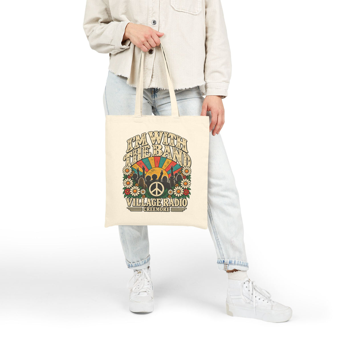 Retro ‘I’m With The Band’ Cotton Tote Bag – Vintage Flower Power Music Festival Market Bag | Creemore Version