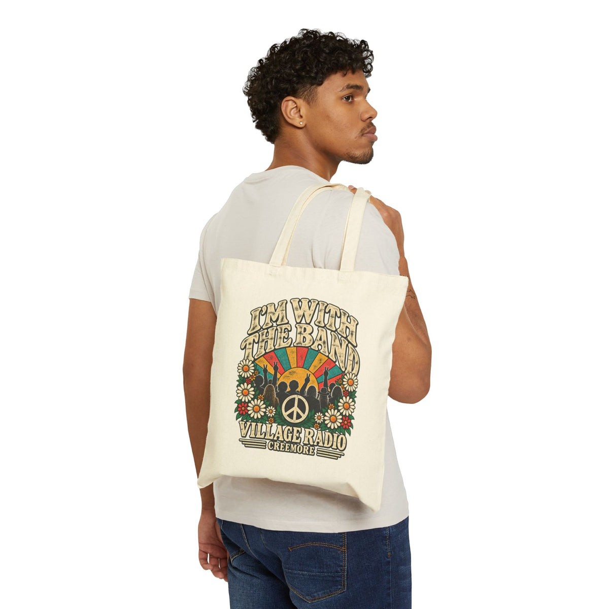 Retro ‘I’m With The Band’ Cotton Tote Bag – Vintage Flower Power Music Festival Market Bag | Creemore Version
