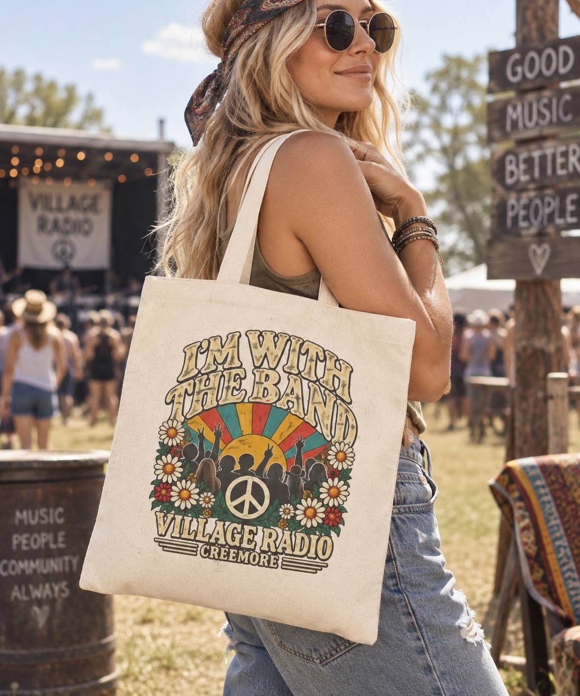 Retro ‘I’m With The Band’ Cotton Tote Bag – Vintage Flower Power Music Festival Market Bag | Creemore Version